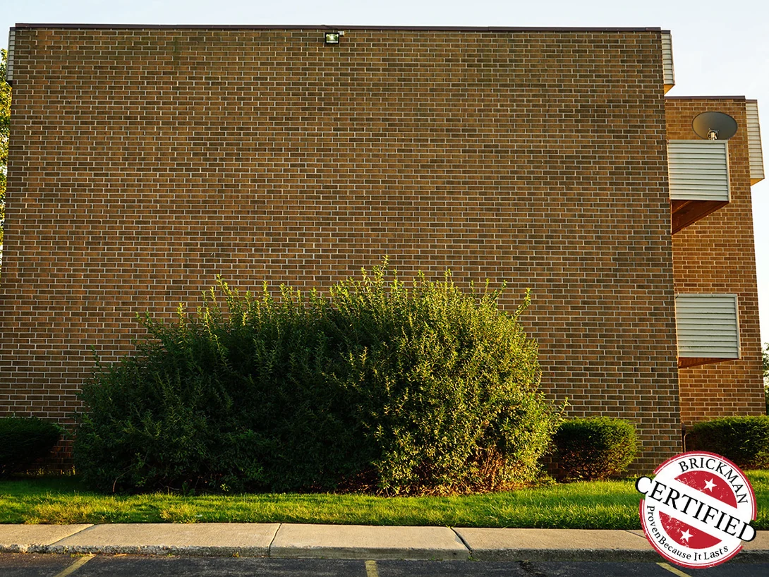 The full end elevation from the parking lot in 2019, one even brown wall from the coping down to the planting, with the Brickman certified stamp in the corner of the frame