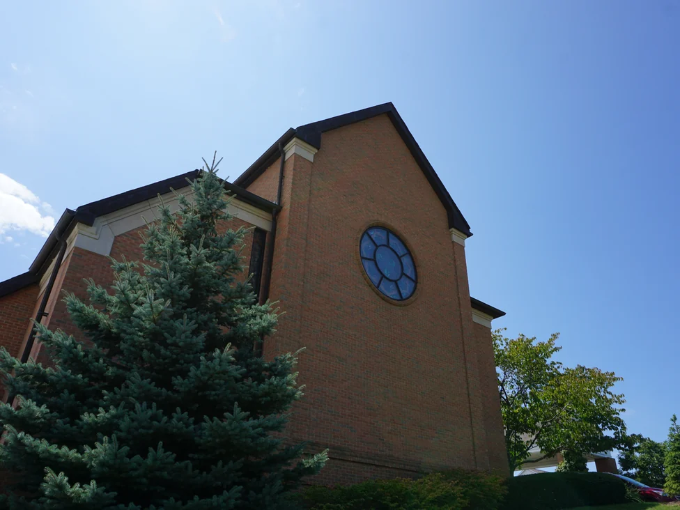 The gable and the main wall behind a pair of blue spruce in 2019, the brick even across both elevations