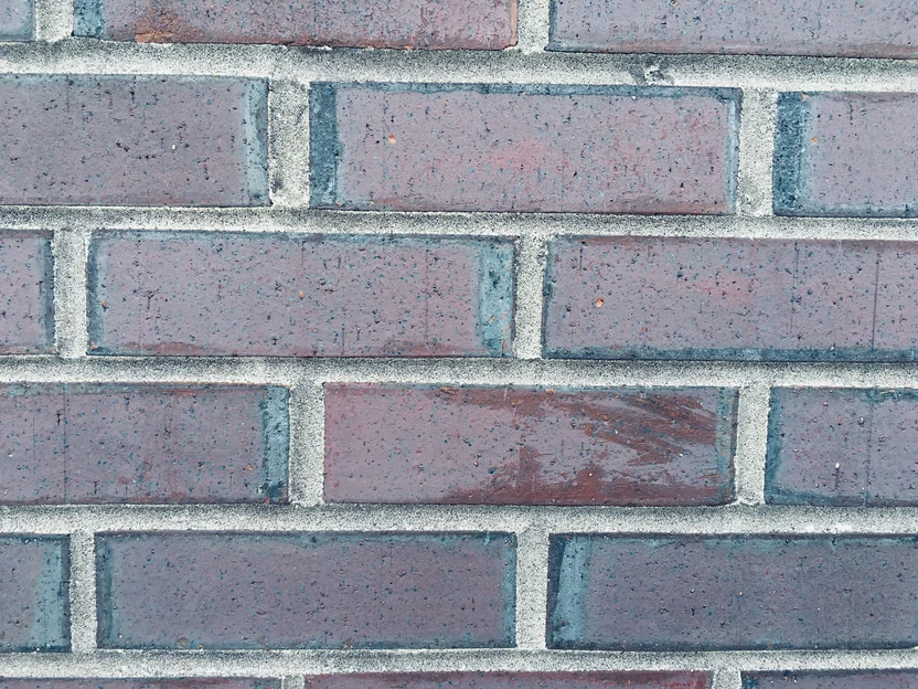 Four courses of the brick close up in 2019, the mortar joints an even grey tone beside the dark brown and blue grey faces