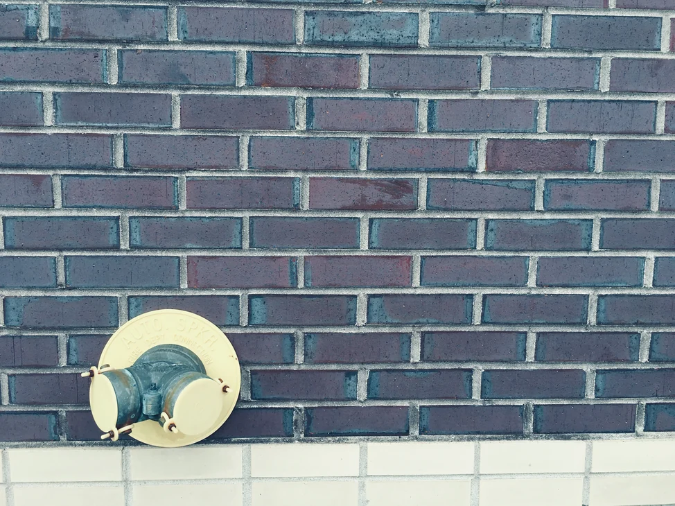 A fire department sprinkler connection on a cream plate set into dark brown brick in 2019, the mortar joints reading grey inside the brick range