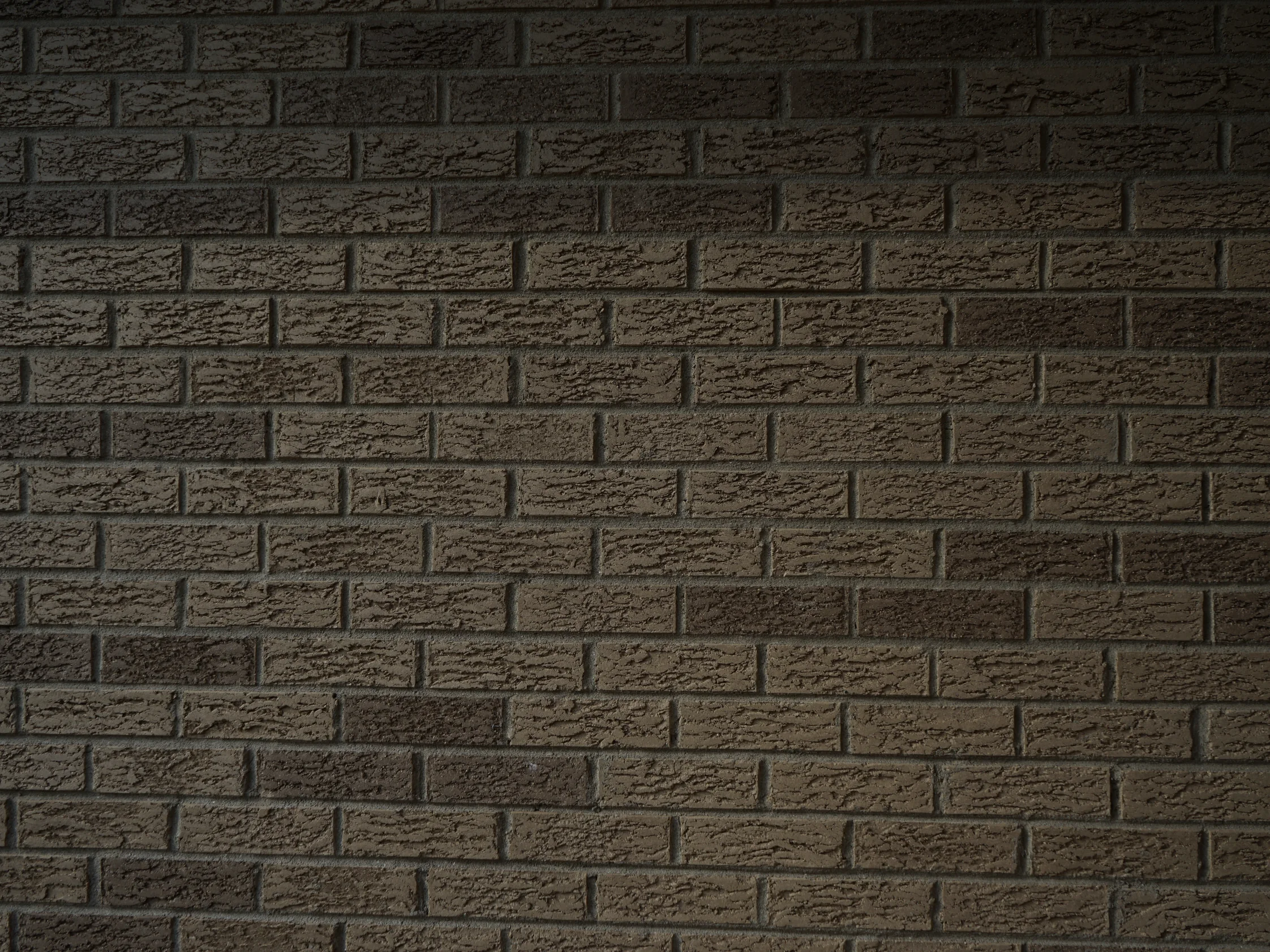 Close view of the rock-faced brick in shade in 2019, the units reading as a close range of browns and tans with grey mortar