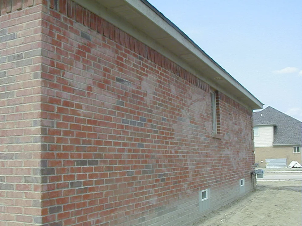 A long side wall of the house in 2004 with the yard still bare, pale blotches spreading across the brick above the block foundation