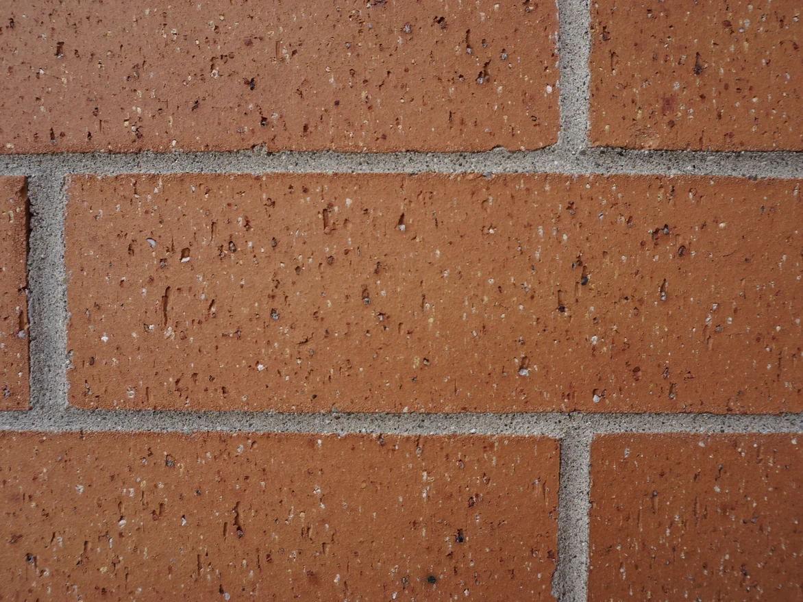 Five stained units at close range in 2019, the color sitting in the face of the brick with the fired speckle and the pitting still reading through it, mortar joints clean