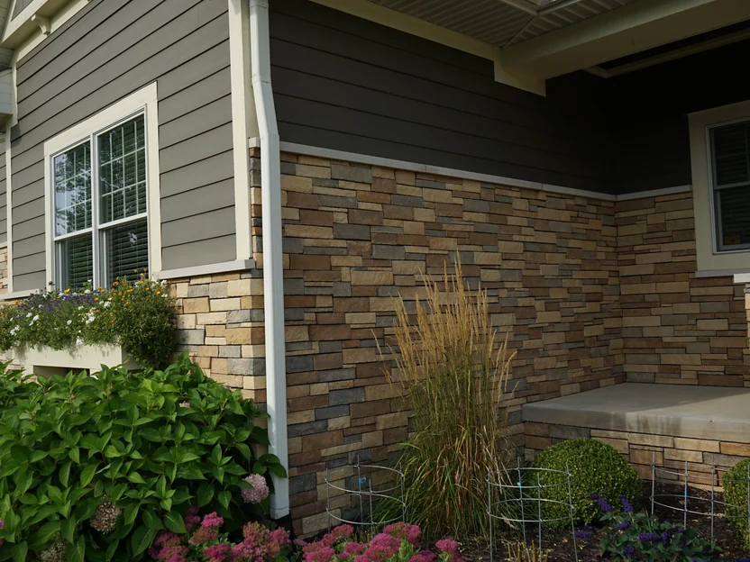 The side wall in 2019, the same window box now planted with flowers, hydrangeas and ornamental grass against the stone veneer base