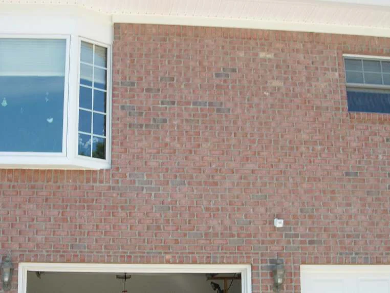 The same wall later in 2007, a bay window at the left and the brick reading as one salmon range across the full width above the garage doors