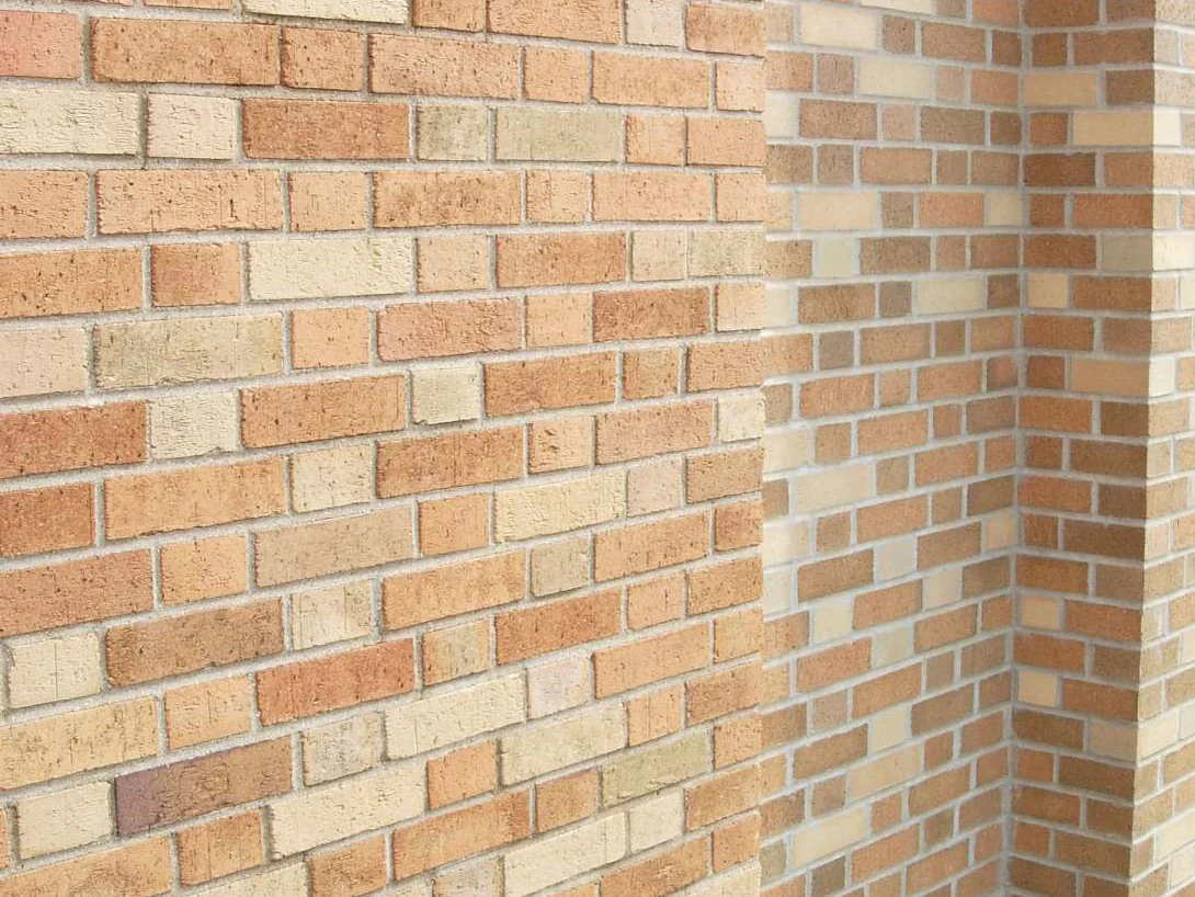 An outside corner in 2008 with the two walls meeting at visibly different brick colors, one face warmer than the other