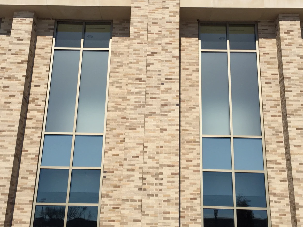 The brick between two tall windows at close range, darker units scattered singly through a pale buff range across every course
