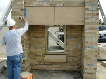 An applicator in a hard hat brushing stain onto single brick units on a freestanding mockup panel, blue tape marking every unit still to be darkened