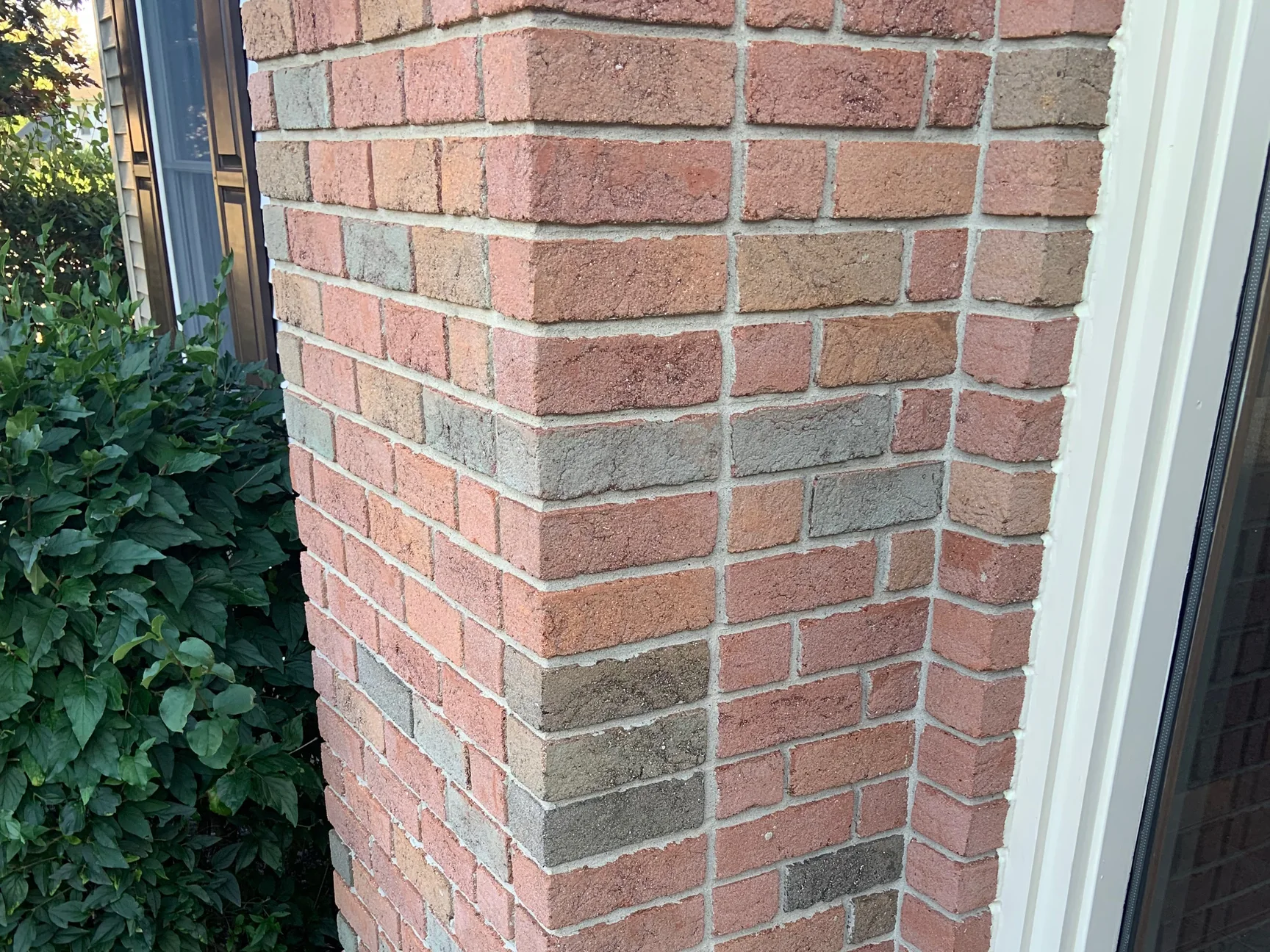 Close view of the brick corner beside the entry in 2019, dark grey and brown units set through the red across both faces