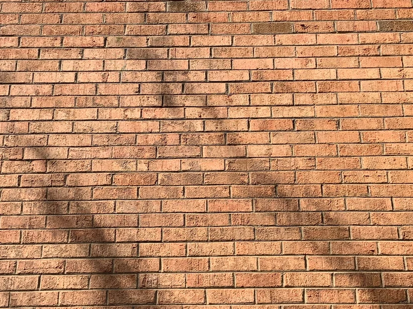 A close view of the brick in 2019, individual units varying within one red brown range across the courses and the mortar joints reading grey between them