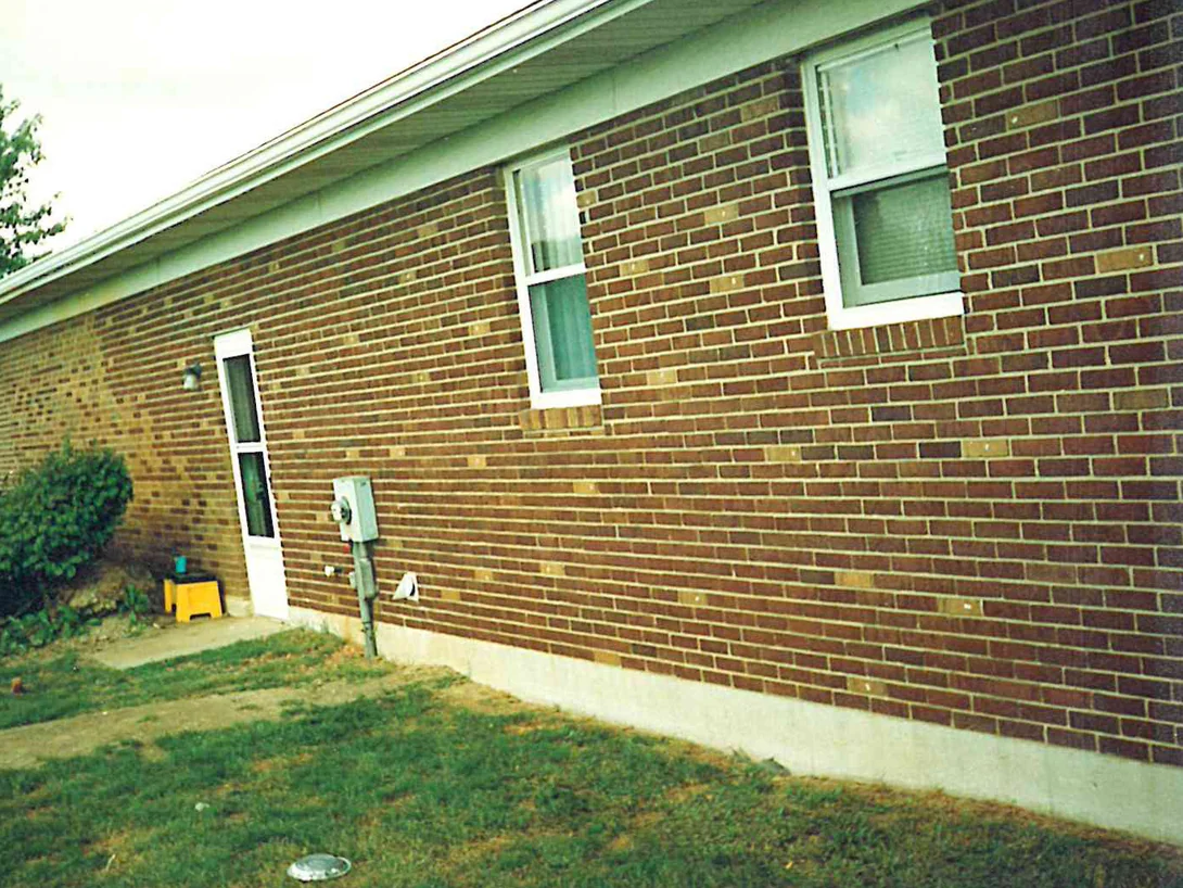 The side wall of the house in 1995 with a storm door, two windows and a meter, the brick a dark red brown with lighter units scattered through it