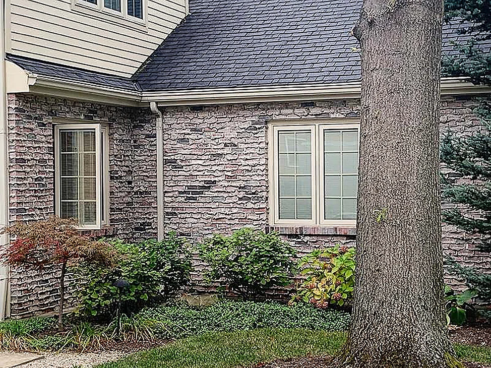 The house from the garden in 2019, a single-story brick wing running back from a two-story gable in siding, a large tree in the foreground and planted beds along the wall