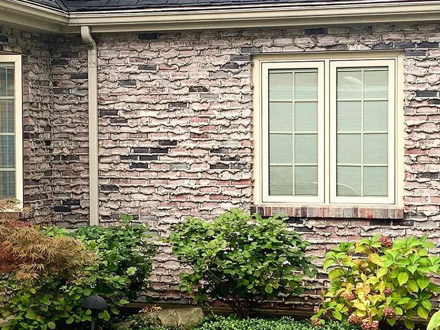 The stained wall in 2019 from the same side as the 2008 frames, the grey and lavender range running past the window with shrubs and hydrangeas grown in along the base