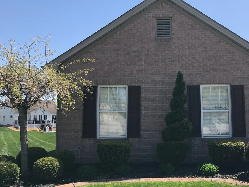 The same gable end in 2019, the brick still reading as one even blend under the same louvred vent