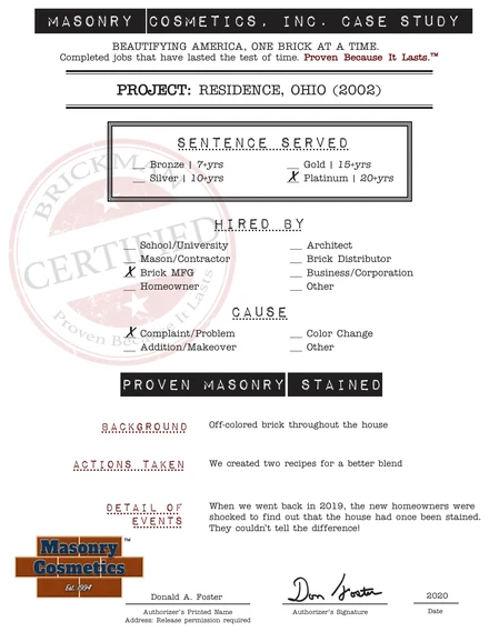 The case study form for case 003, filled in and signed
