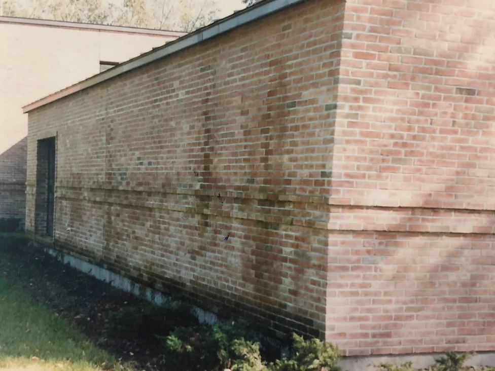 A low library wall in 1986 running dark and green down its length, meeting a return wall in a much pinker brick at the corner