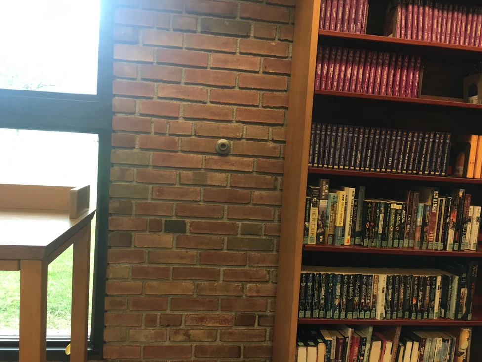 Interior brick beside a library window in 2019, the units an even red range next to a wall of shelved books