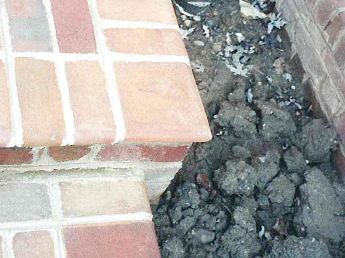 A corner of the unfinished paver stoop in 1998, its pale pink tread and coping units standing out against the darker red pavers beside them