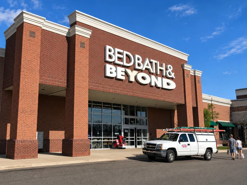 A retail storefront in Pickerington, Ohio, its entrance piers stained from tan into the same red as the wall behind them