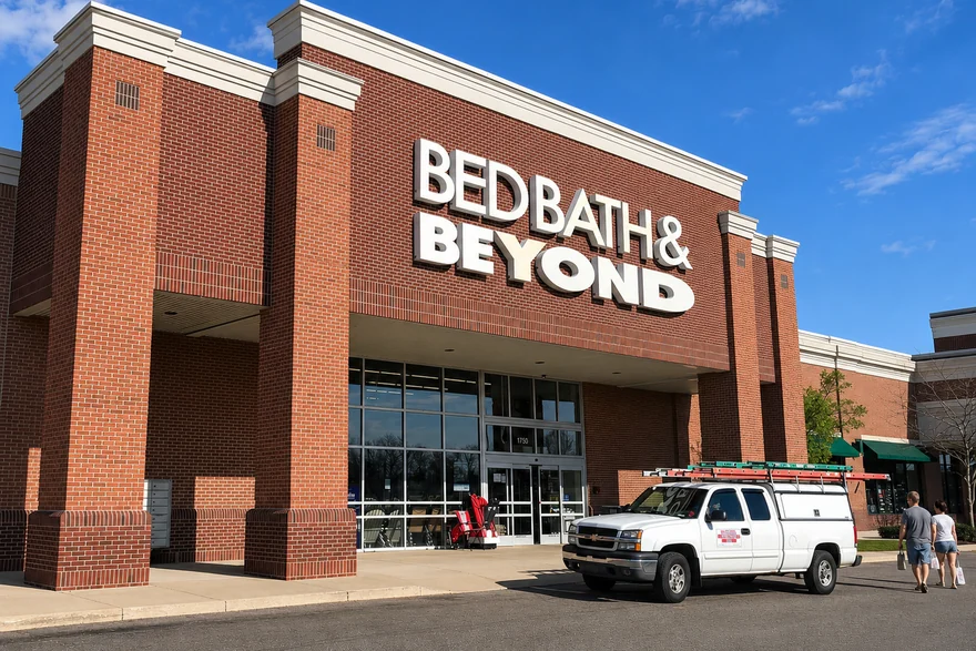 A Bed Bath & Beyond storefront in 2019, the entrance piers and the wall behind them reading as one red brick