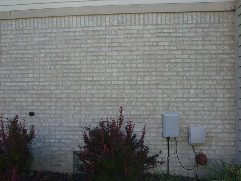 The same side wall in 2019, the brick reading as one pale range under the soldier course, with two utility boxes and barberry shrubs along the foot of the wall