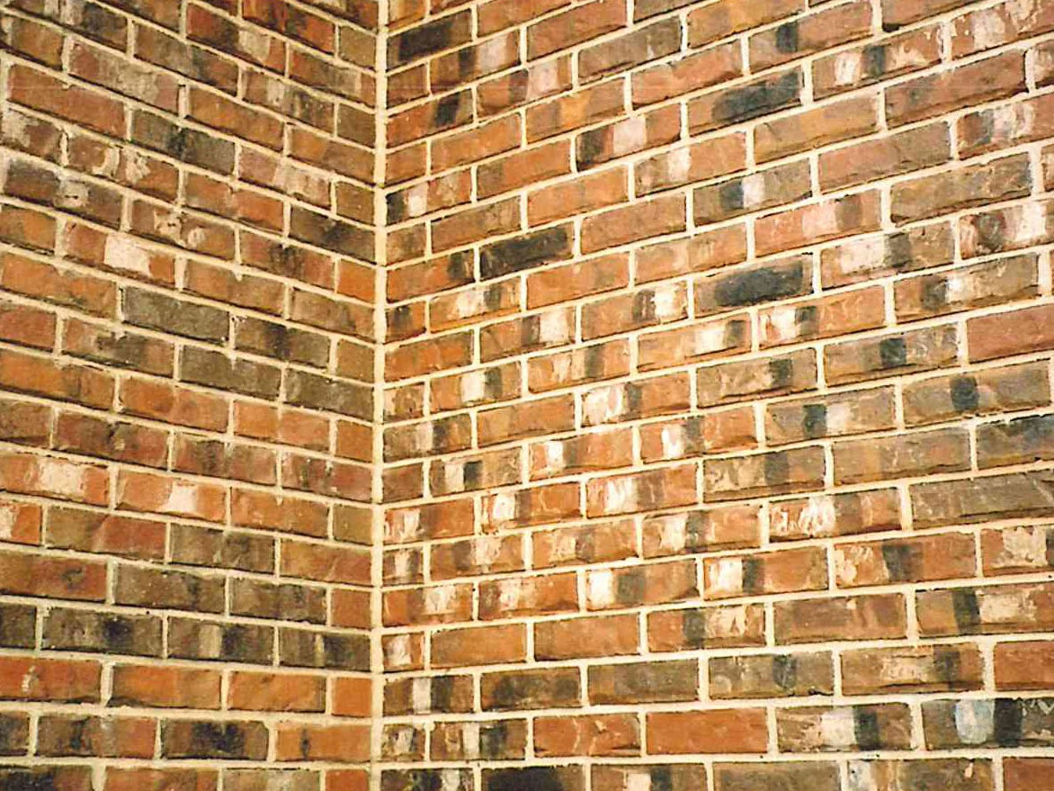 Close view of an outside brick corner, the units in mixed reds, browns, creams and near-blacks with pale mortar joints