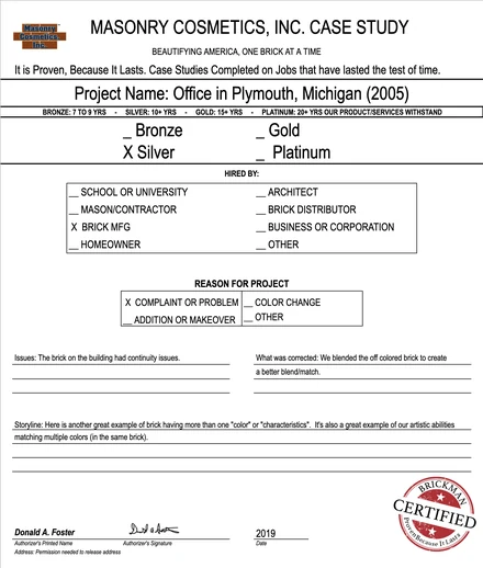 The manufacturer's signed case study form for case 108, filled in by hand and carrying a certification stamp