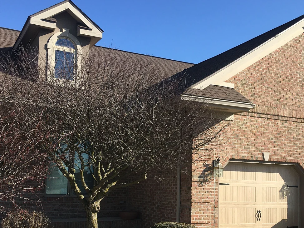 The garage gable of the brick house in 2021 under a clear sky, a bare tree in front of the picture window and a stucco dormer above the roofline