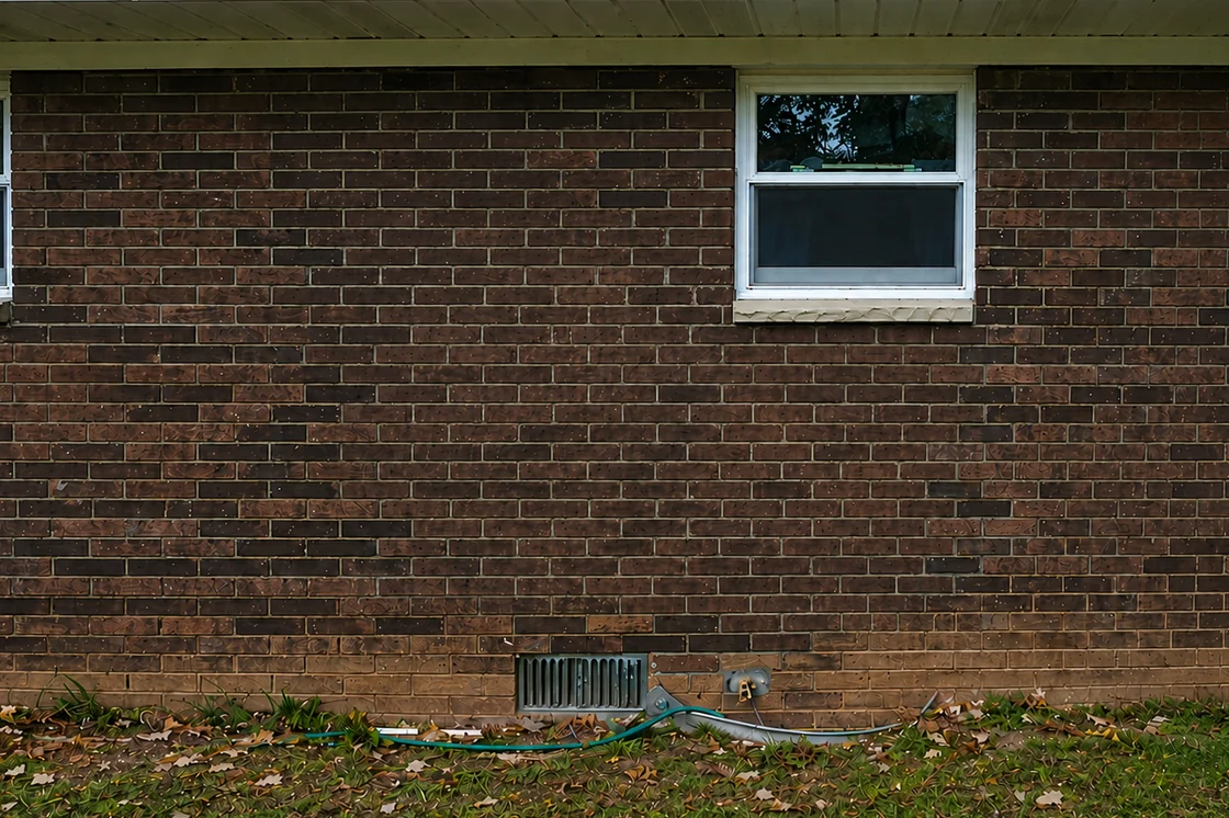 The same brick wall after staining, the replacement patch blended in to match the original masonry
