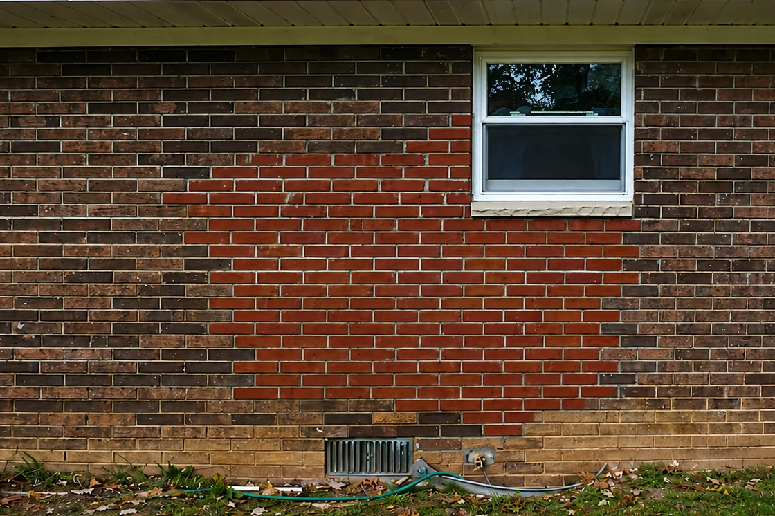 Brick wall with an unstained patch of replacement brick standing out from the original masonry