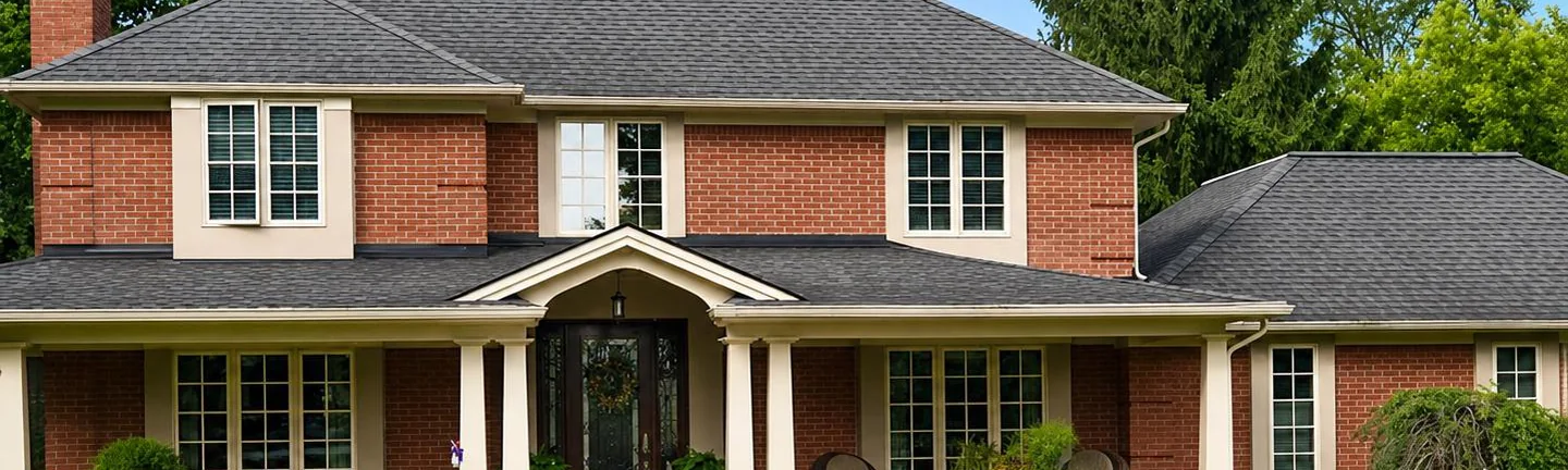 Two-story red brick home with white trim and a covered front entry