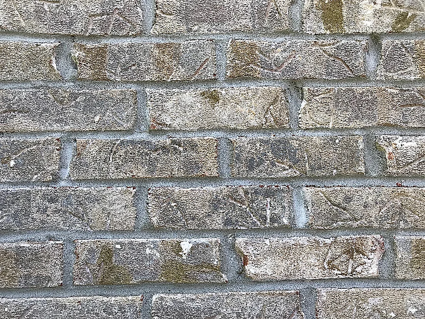 Close view of the blended brick in 2019, the units running through gray, cream and tan between pale mortar joints