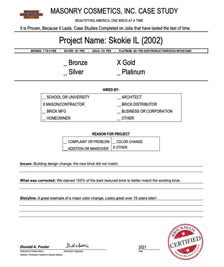 Scan of the case study form for case 408, Skokie IL (2002), filled in and signed