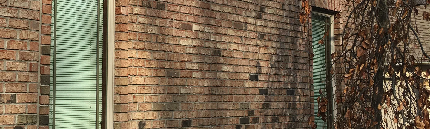 The gable wall of the Slippery Rock house in 2020, a tan and pink brick blend with the darker units sitting in the range beside a tall window