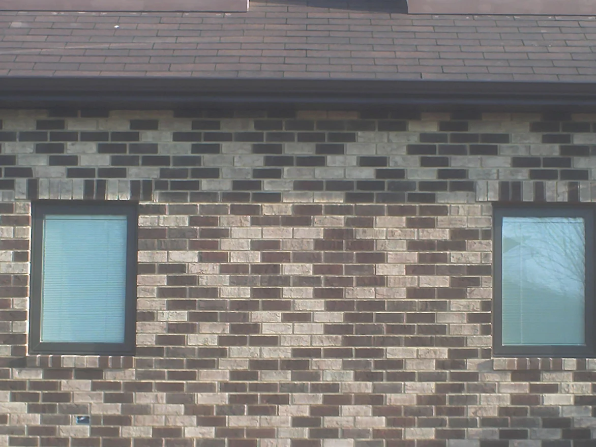 The same wall and the same two windows later in 2008, the brick now a blend of tan, cream, grey and dark brown