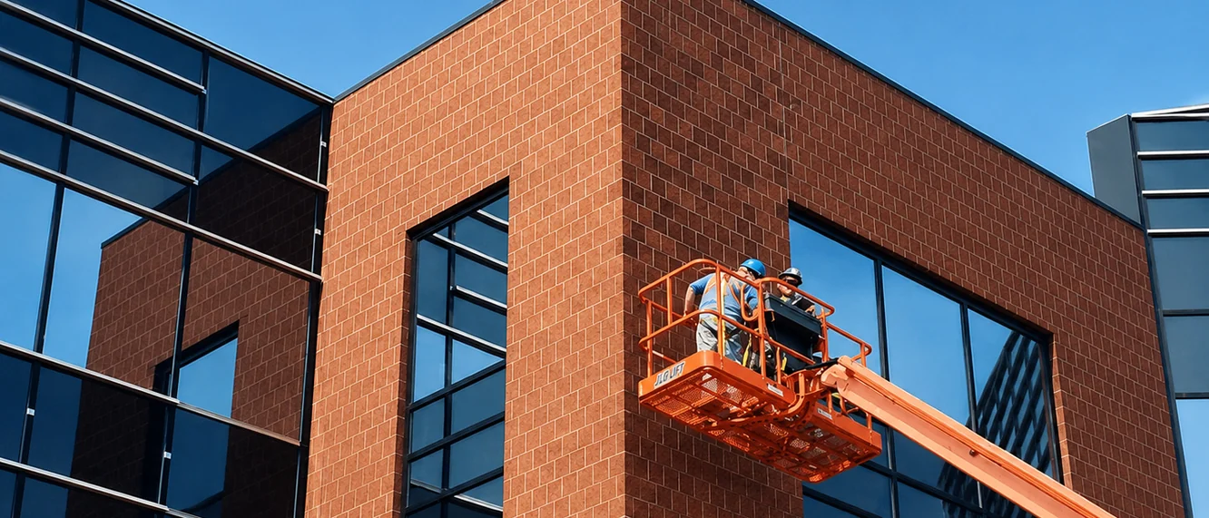 Two workers in hard hats in a boom lift at the upper corner of a brick and glass office building
