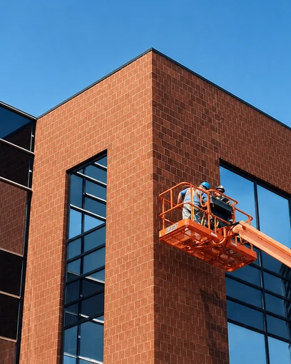 Two workers in a boom lift at the upper corner of a brick office building, the brick running one even orange red across both faces