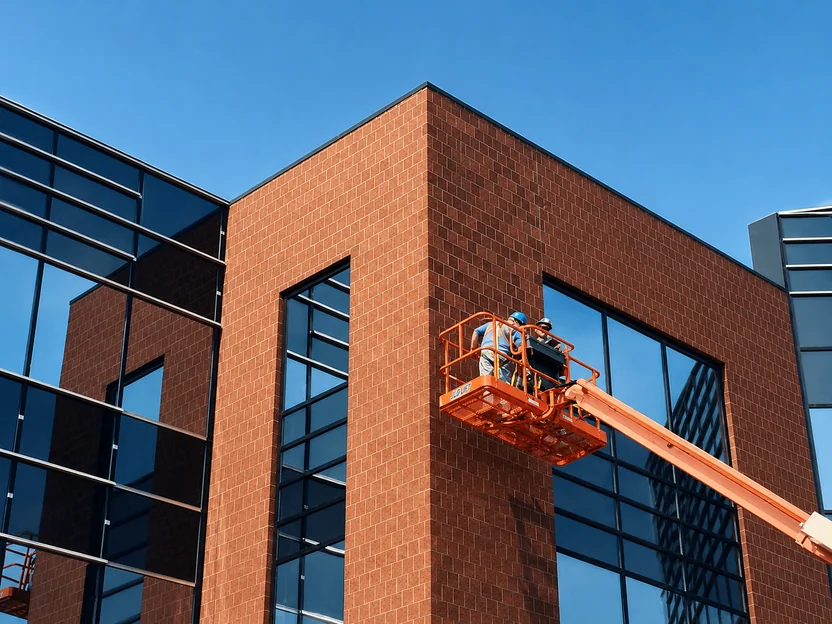 Two workers in a boom lift at an upper corner of the new wing in 2002, the brick running one even orange red across the corner and along both faces beside them