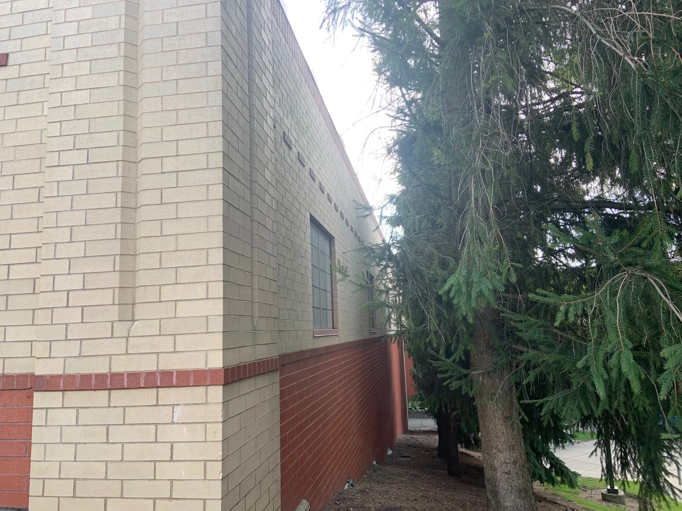 An outside corner of the school in 2019 with the elevation running away behind it, cream brick above and red brick below on both faces, spruce trees alongside