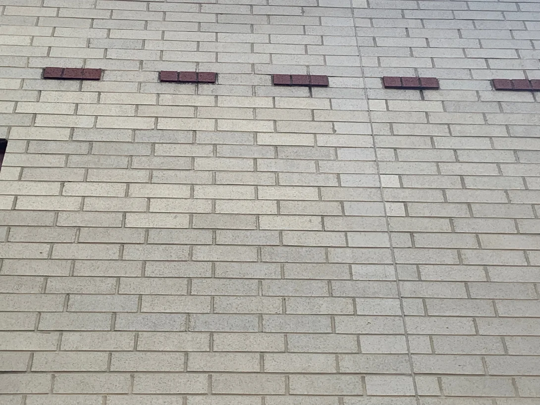 Close view of the cream brick field in 2019, the units sitting in one narrow range with a course of dark red headers above them