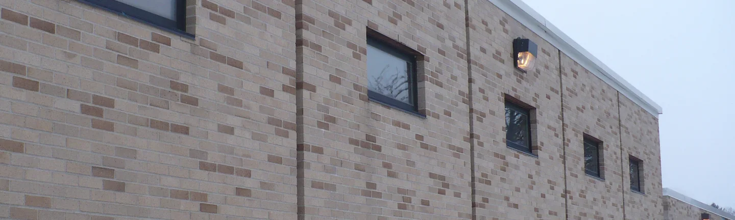 The St Clair high school wall in 2019, light cream brick with darker units scattered through the range