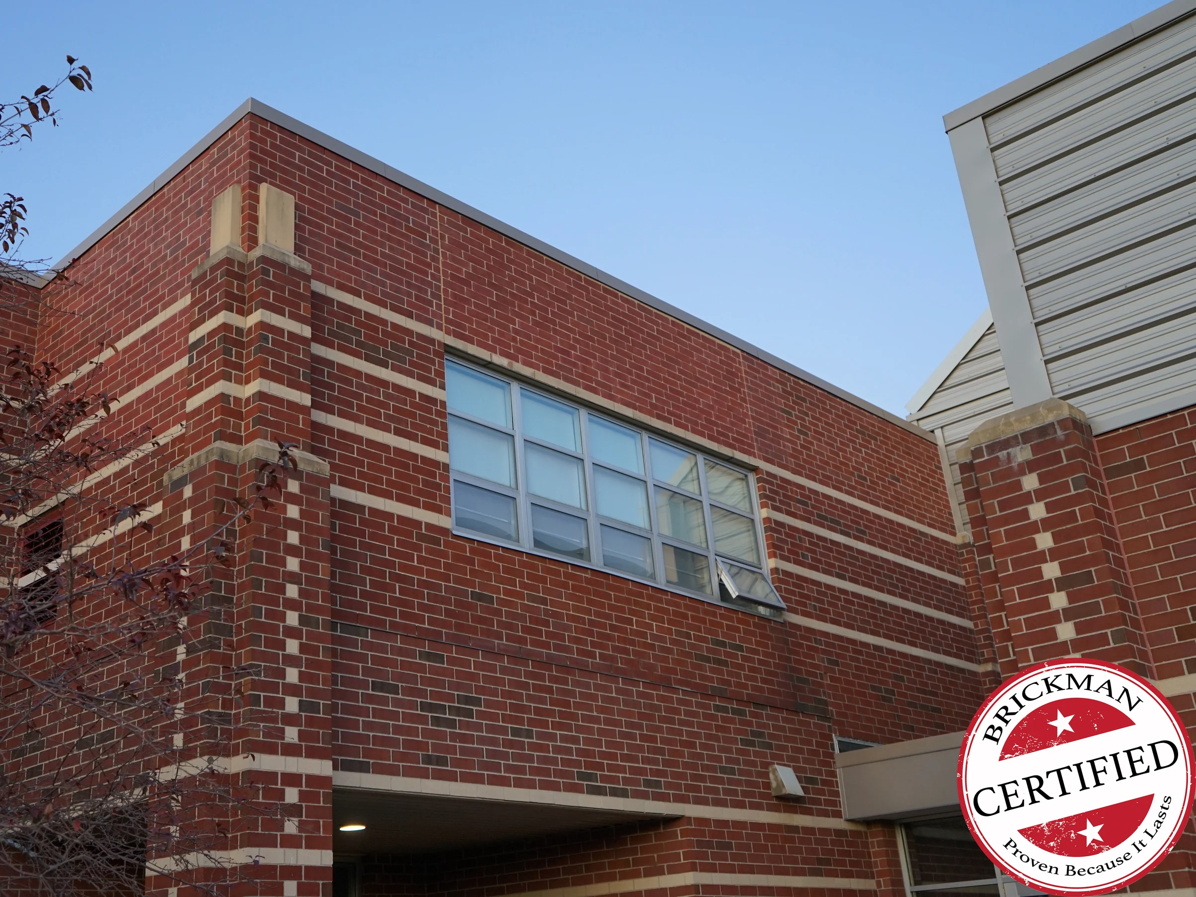 The school corner in 2019, red brick running one range with darker units set through it, cream limestone bands across the elevation and a bare tree at the left edge