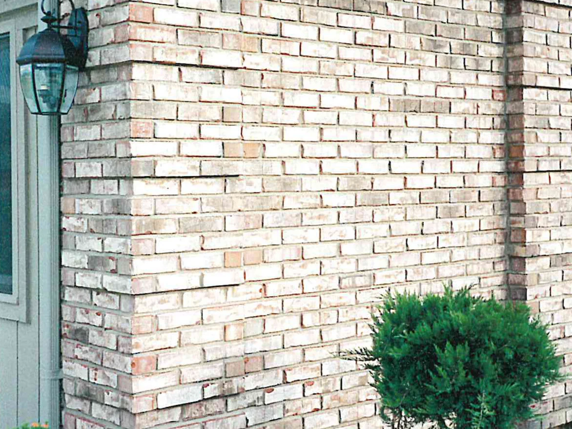 An outside corner of the house in 1997, the brick pale and washed out with darker red bodied units scattered through it in clusters