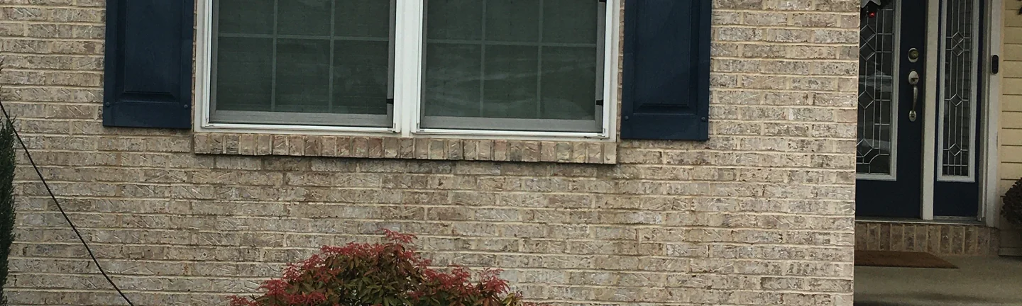 The brick around the double window on the Waterford house in 2020, one light range with navy shutters either side