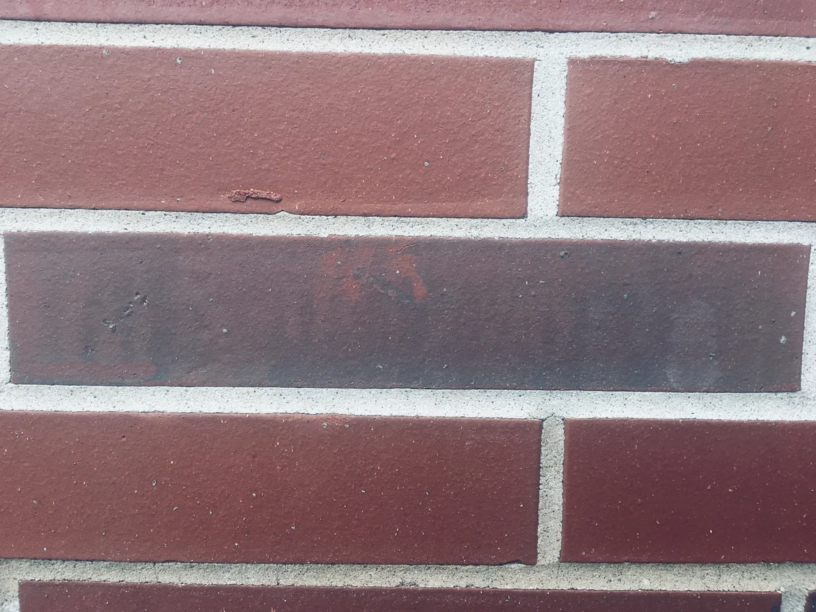 Five brick at arm's length in 2019, four of them red and one a dark maroon stretcher, the mortar joints pale and the faces lightly textured