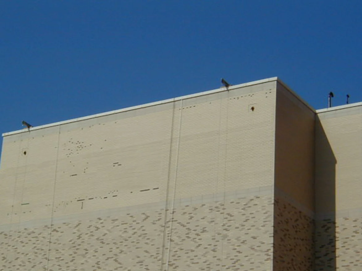 The upper wall of the hospital before staining, a scatter of pale units across the buff brick field above a band of darker blend brick, under a deep blue sky